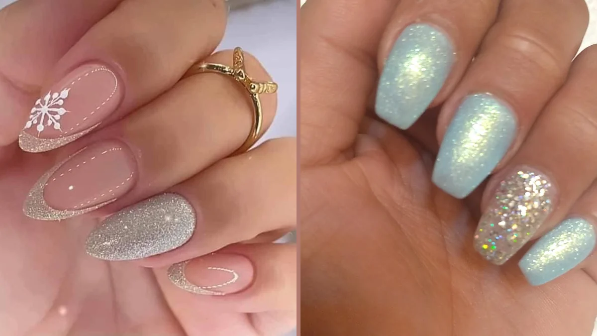 Nail technician shaping acrylic nails at a salon table.